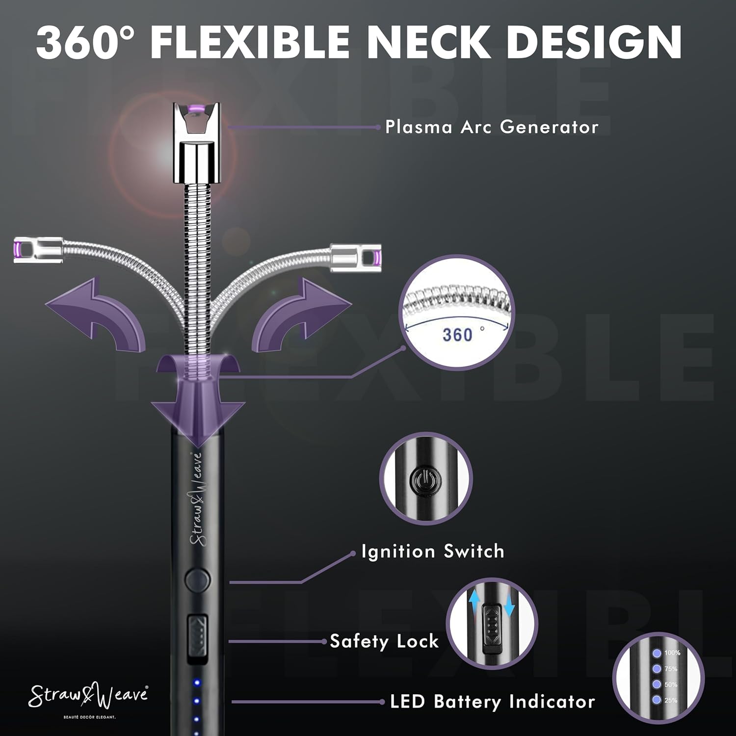 Rechargeable Electric Gas Lighter for Kitchen, Lighter for Gas Stove, Candles, Pooja, 1 Year Warranty, C-Type USB, Kitchen Tools, Multi Purpose - 360° Flexible & Windproof, Black