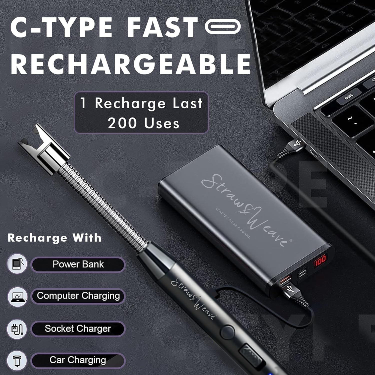 Rechargeable Electric Gas Lighter for Kitchen, Lighter for Gas Stove, Candles, Pooja, 1 Year Warranty, C-Type USB, Kitchen Tools, Multi Purpose - 360° Flexible & Windproof, Black