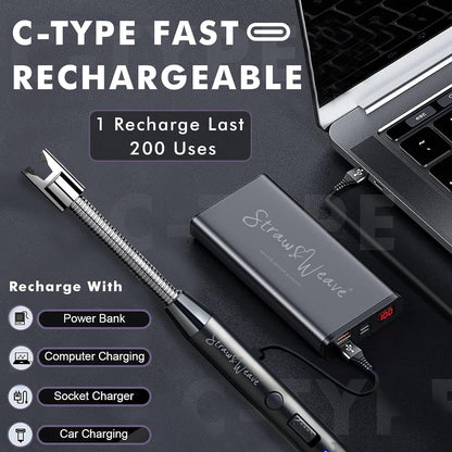 Rechargeable Electric Gas Lighter for Kitchen, Lighter for Gas Stove, Candles, Pooja, 1 Year Warranty, C-Type USB, Kitchen Tools, Multi Purpose - 360° Flexible & Windproof, Black