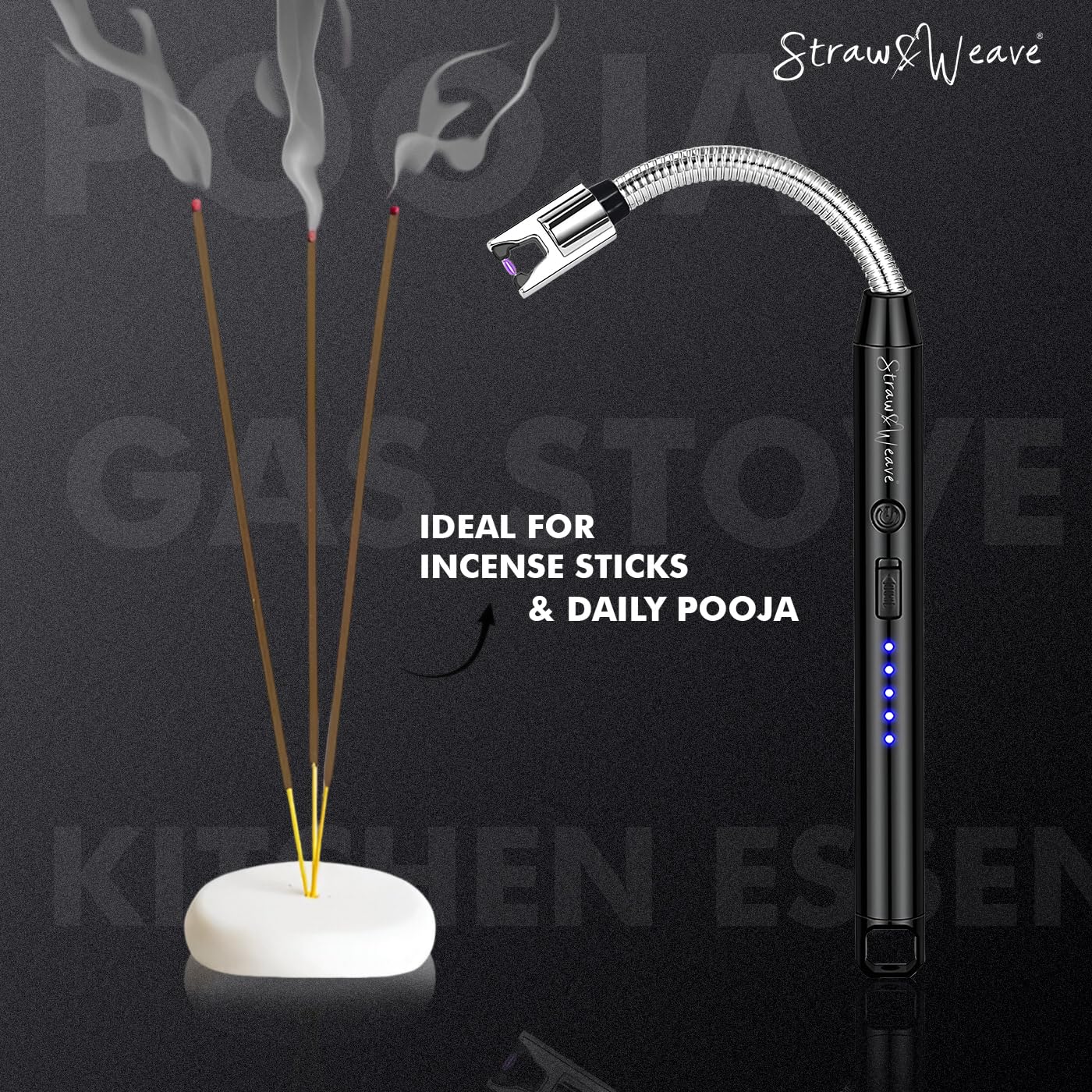 Rechargeable Electric Gas Lighter for Kitchen, Lighter for Gas Stove, Candles, Pooja, 1 Year Warranty, C-Type USB, Kitchen Tools, Multi Purpose - 360° Flexible & Windproof, Black